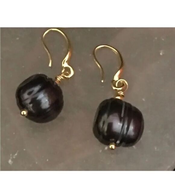 Tahitian Black Baroque Pearl Earrings 18KYG Over 925 Fine Silver - Picture 3 of 10
